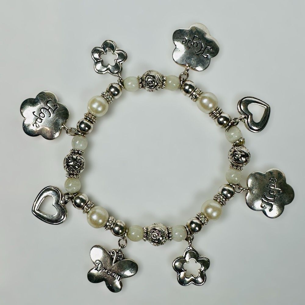 VTG Bracelet Charms Hope Dream Heart‎ Flower 6.5 Glass Faux Pearls Beads Stretch